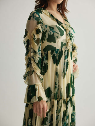 Beige And Green Floral Frill Dress by Koai available on Indiaspopup