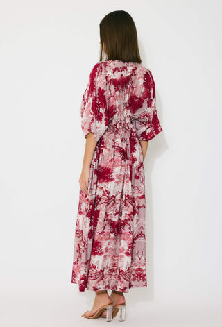Peach, red and cream toile print kaftan dress