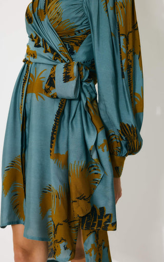 Sky blue and mustard floral wrap shirt dress