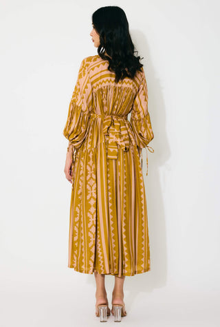 Mustard and peach pattern midi dress