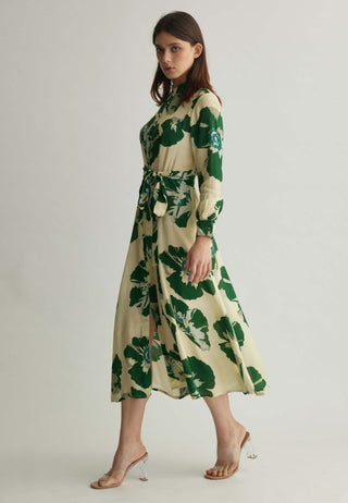 Beige and green floral long shirt dress