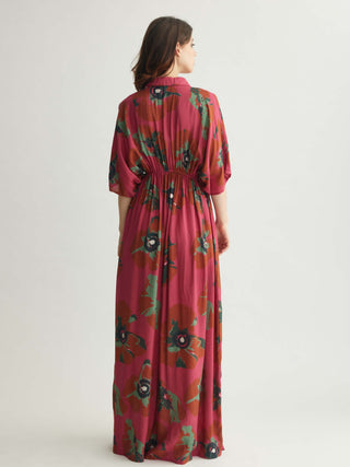 Red pink and mint floral long shirt dress