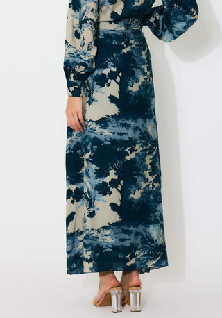 Blue, indigo and beige toile print shirt and skirt