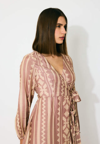 Peach and cream pattern wrap dress