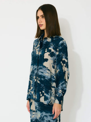 Blue, indigo and beige toile print shirt and skirt