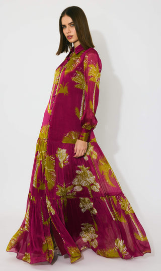 Hot pink, mustard and white floral long dress