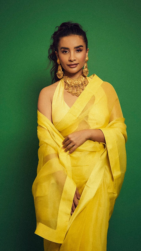 Ekaya-Lemon Yellow Silk Sari And Unstitched Blouse-INDIASPOPUP.COM