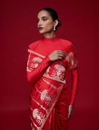 Ekaya Cherry Blaze Red Sari available on indiaspopup