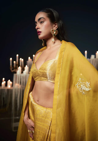 Ekaya Mustard Cutwork Emboss Sari available on indiaspopup