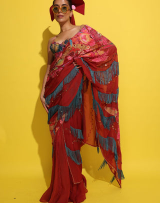 Chakachak Crimson Sari And Blouse by Rishi & Vibhuti available on Indiaspopup.com