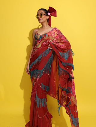 Chakachak Crimson Sari And Blouse by Rishi & Vibhuti available on Indiaspopup.com