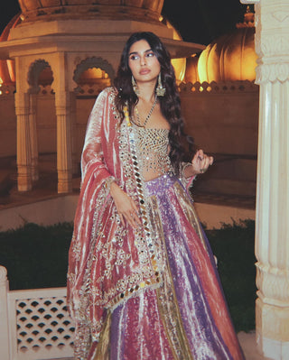 Pink and lilac and green rangratna lehenga set