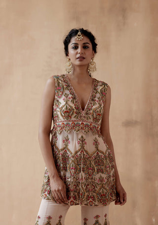 Aman Takyar-Beige Floral Embroidery Kurta And Sharara-INDIASPOPUP.COM