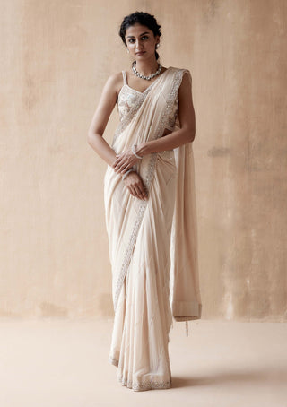 Aman Takyar-Ivory Floral Embroidery Sari And Blouse-INDIASPOPUP.COM