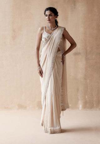 Aman Takyar-Ivory Floral Embroidery Sari And Blouse-INDIASPOPUP.COM