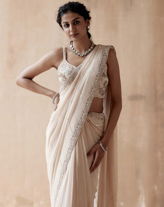 Aman Takyar-Ivory Floral Embroidery Sari And Blouse-INDIASPOPUP.COM