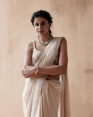 Aman Takyar-Ivory Floral Embroidery Sari And Blouse-INDIASPOPUP.COM