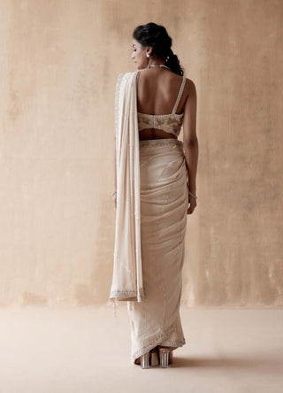 Aman Takyar-Ivory Floral Embroidery Sari And Blouse-INDIASPOPUP.COM