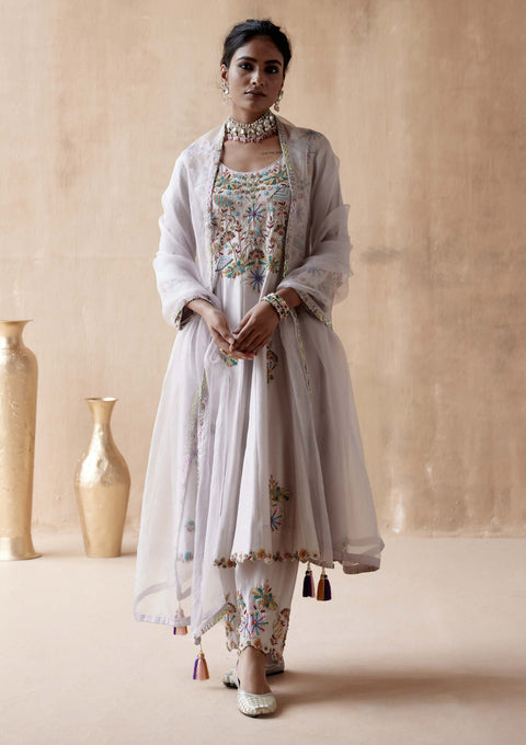 Aman Takyar-Gray Floral Embroidery Kurta Set-INDIASPOPUP.COM