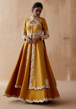 Aman Takyar-Mustard Floral Embroidery Jacket And Skirt-INDIASPOPUP.COM