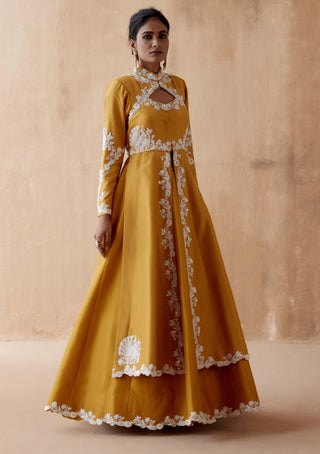 Aman Takyar-Mustard Floral Embroidery Jacket And Skirt-INDIASPOPUP.COM