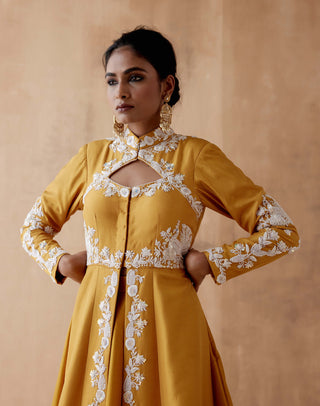 Aman Takyar-Mustard Floral Embroidery Jacket And Skirt-INDIASPOPUP.COM