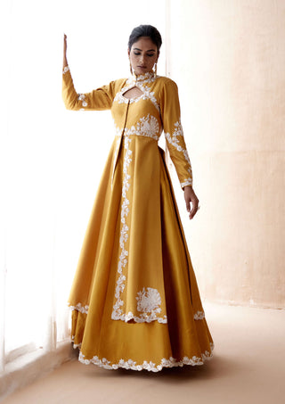 Aman Takyar-Mustard Floral Embroidery Jacket And Skirt-INDIASPOPUP.COM