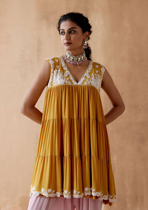 Aman Takyar-Mustard Floral Embroidery Kurta And Pants-INDIASPOPUP.COM