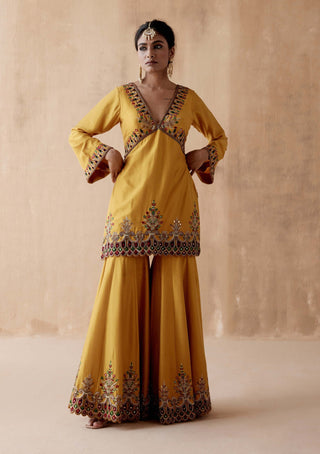 Aman Takyar-Mustard Floral Embroidery Kurta Sharara Set-INDIASPOPUP.COM