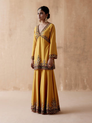 Aman Takyar-Mustard Floral Embroidery Kurta Sharara Set-INDIASPOPUP.COM