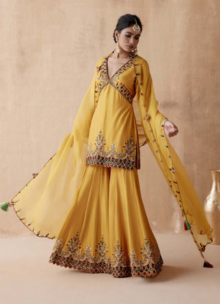 Aman Takyar-Mustard Floral Embroidery Kurta Sharara Set-INDIASPOPUP.COM