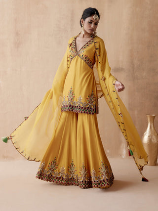 Aman Takyar-Mustard Floral Embroidery Kurta Sharara Set-INDIASPOPUP.COM