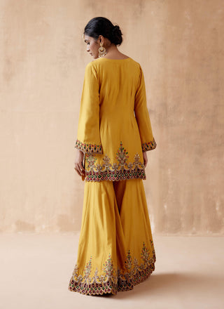 Aman Takyar-Mustard Floral Embroidery Kurta Sharara Set-INDIASPOPUP.COM