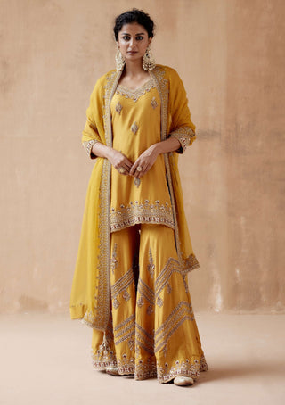 Aman Takyar-Mustard Gold Embroidery Kurta Sharara Set-INDIASPOPUP.COM