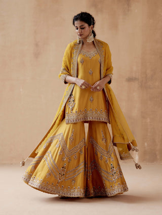 Aman Takyar-Mustard Gold Embroidery Kurta Sharara Set-INDIASPOPUP.COM