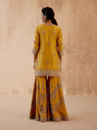 Aman Takyar-Mustard Gold Embroidery Kurta Sharara Set-INDIASPOPUP.COM