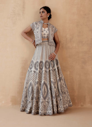 Aman Takyar-Gray Floral Embroidery Lehenga Set-INDIASPOPUP.COM