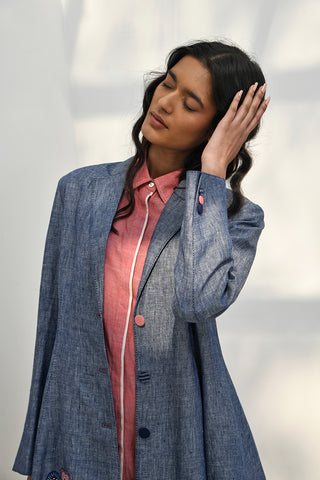 Claude Blue Front Open Chambrey Jacket by Payal Pratap available on Indiaspopup.com