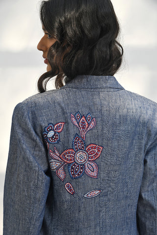 Claude Blue Front Open Chambrey Jacket by Payal Pratap available on Indiaspopup.com