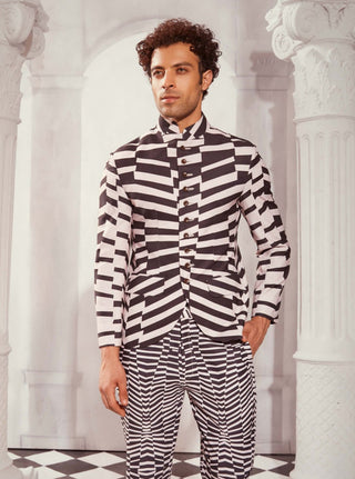 Nikita Mhaisalkar Men-Black & White Byzantine Print Button Down Coat-INDIASPOPUP.COM