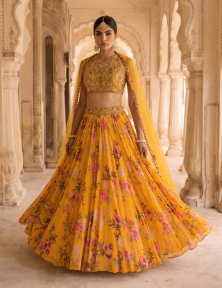 Genda bag yellow chintz lehenga set