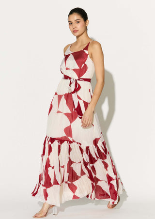 White and red abstract sleeveless long dress