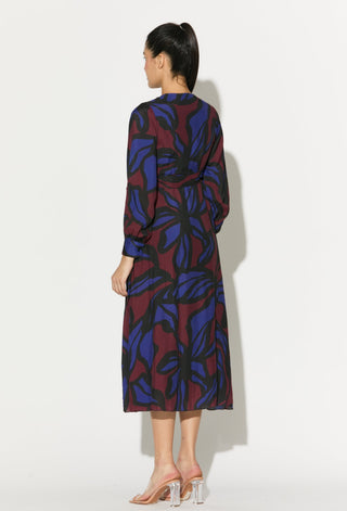 Blue maroon and black floral wrap dress