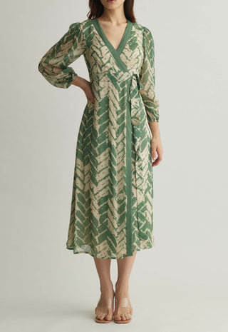 Beige And Mint Chevron Print Wrap Dress by Koai available on Indiaspopup