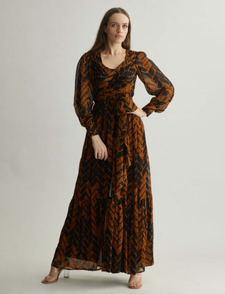 Rust And Black Chevron Print Wrap Jumpsuit by Koai available on Indiaspopup