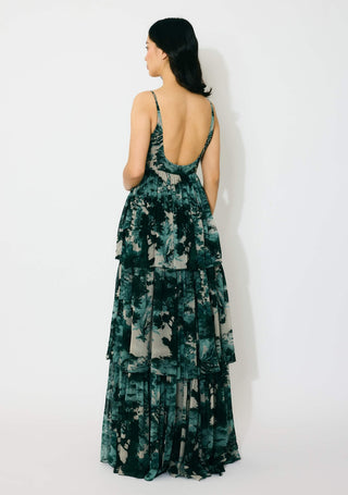 Dark green, mint and beige toil print long dress