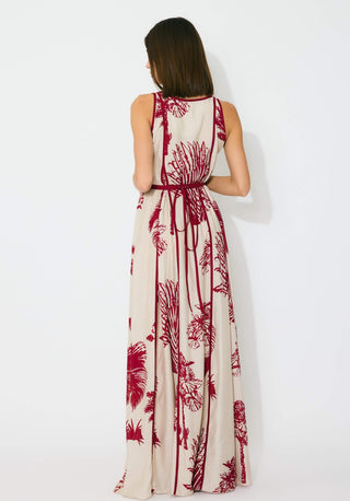 Beige and red floral sleeveless long dress