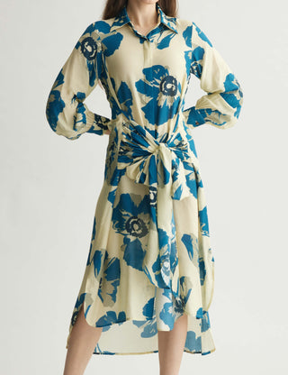 White blue floral wrap shirt dress