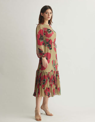 Beige, Pink And Green Floral Midi Dress by Koai available on Indiaspopup