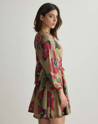 Beige, pink and green floral shirt dress